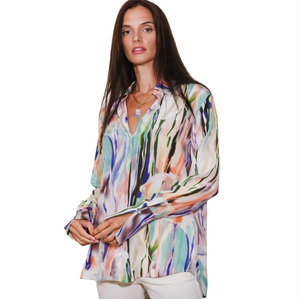 Catherine Gee Daria French Cuff Silk Blouse Abstract Orchid Artsy Luxury Staple